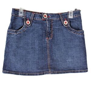 OUT Denim Mini Skirt Stretch Zip & Button Close Pockets Red Accents Jr's 7/8
